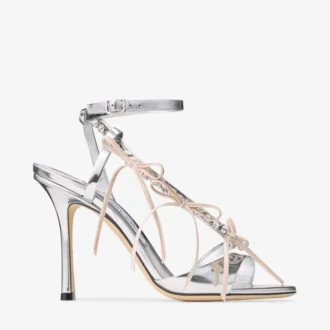Sandali Lula 100 in pelle Liquid Metal argento e macaron con fiocchi in velluto