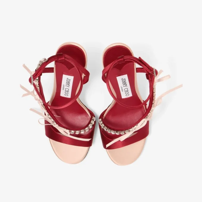Sandali Lula 100 in raso color macaron e rosso rubino con fiocchi Sandali Lula 100 in raso color macaron e rosso rubino con fiocchi