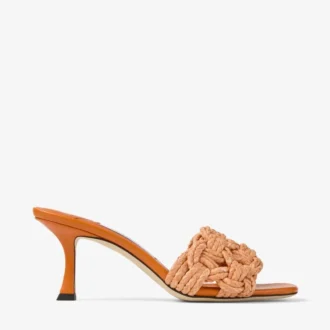 Sandali mules Chara 70 in rafia lavorata all’uncinetto arancione tramonto e pelle nappa