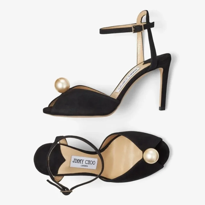 Sandali Sacora 85 in pelle scamosciata nera con decorazione in perla