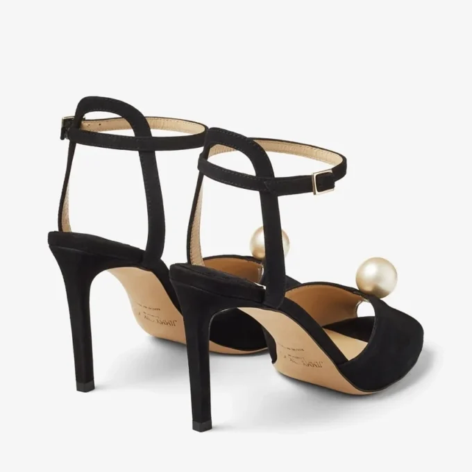 Sandali Sacora 85 in pelle scamosciata nera con decorazione in perla