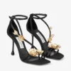 Sandali Zea 95 in raso nero con fiori in metallo