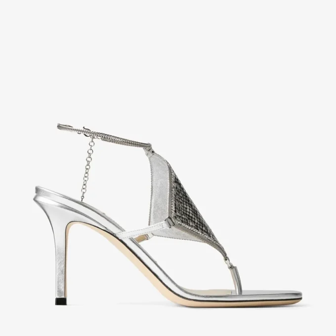Sandalo con cinturino in pelle nappa metallizzata e rete metallica