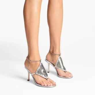 Sandalo con cinturino in pelle nappa metallizzata e rete metallica