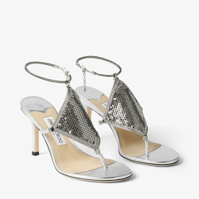 Sandalo con cinturino in pelle nappa metallizzata e rete metallica
