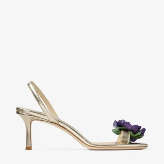 Sandalo in nappa metallizzata con fiore e corsage floreale
