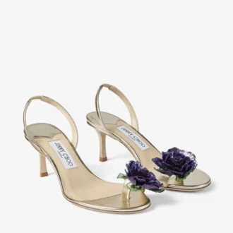 Sandalo in nappa metallizzata con fiore e corsage floreale