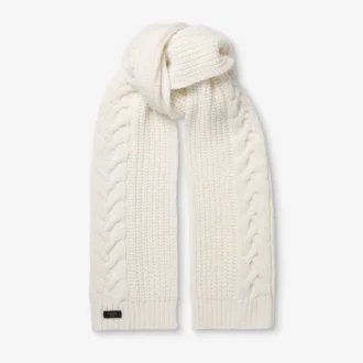 Sciarpa Yukiko a trecce color latte con etichetta in pelle con logo