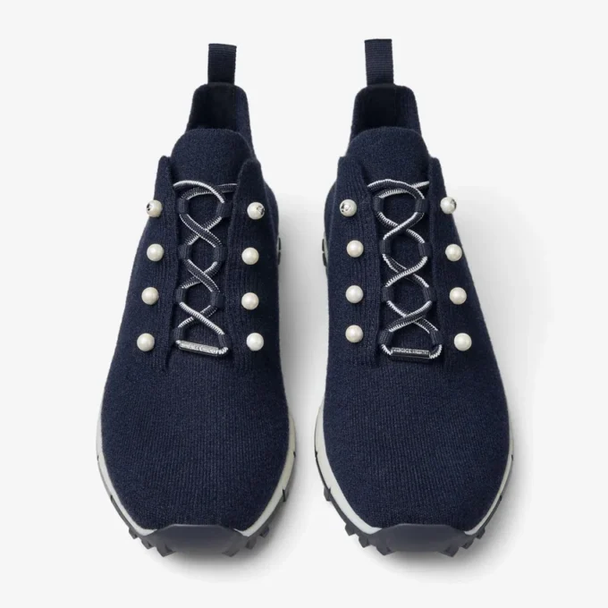 Sneakers Veles in maglia melange color blu navy con bottoni in madreperla