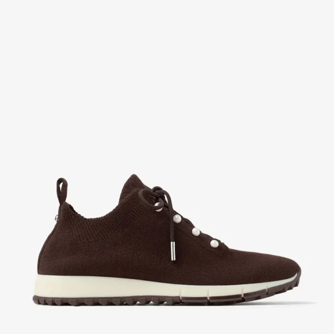 Sneakers Veles in maglia melange color cioccolato con bottoni in perla