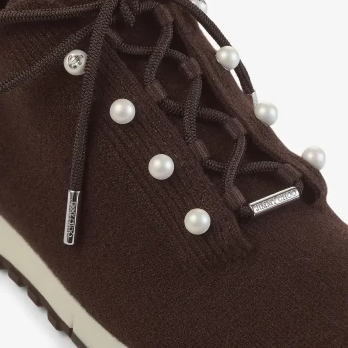 Sneakers Veles in maglia melange color cioccolato con bottoni in perla