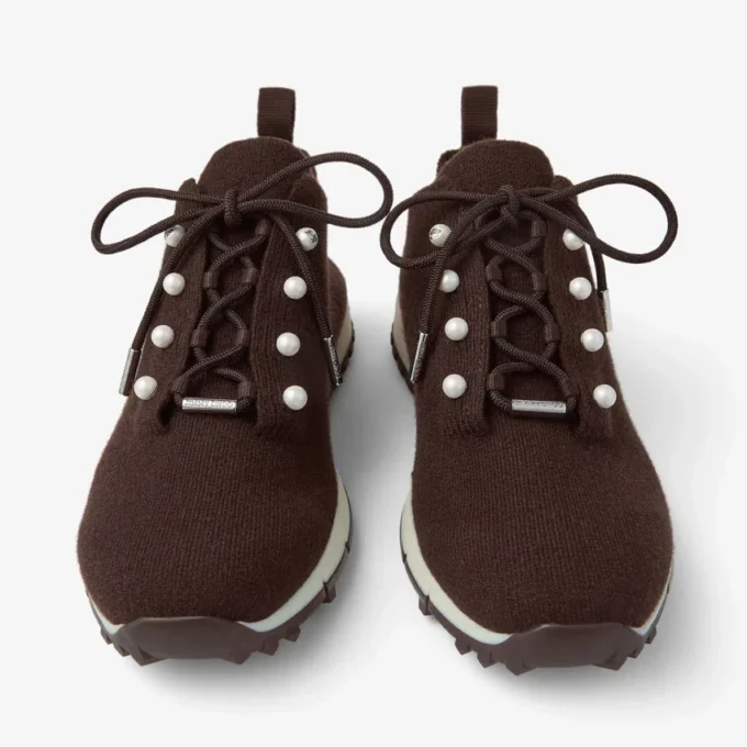 Sneakers Veles in maglia melange color cioccolato con bottoni in perla
