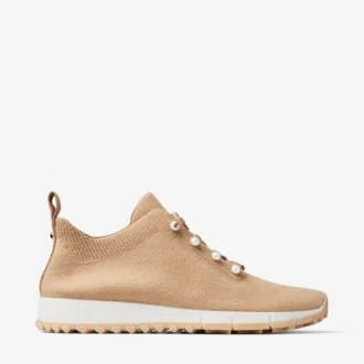 Sneakers Veles in maglia melange di cashmere color chai con bottoni in perla